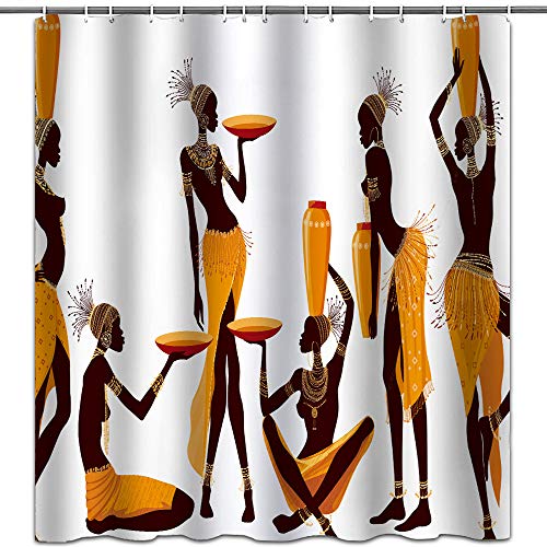 hipaopao Cortinas de ducha africanas para mujer afro con tema de tela de tela de tela para la ducha, juego de cortinas de baño con ganchos impermeables lavables 72 x 72 pulgadas, amarillo marrón