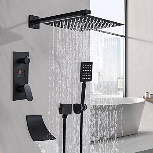 Conjunto de ducha negro columna de ducha empotrable tecnología avanzada de inyección de aire con cabezal de ducha cuadrado 25 cm ducha mezclador de bañera en cascada ‎Instalación en pared…