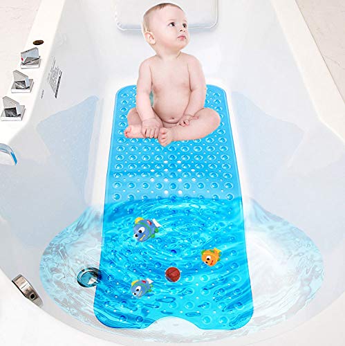 TWBEST Alfombrillas de baño Extra largas,Alfombrilla de Baño, para Bañera Antideslizante con 200 Potentes Ventosas, Antibacterial, Lavable a Máquina, Alfombra para la Ducha 100 * 40cm (Azul)