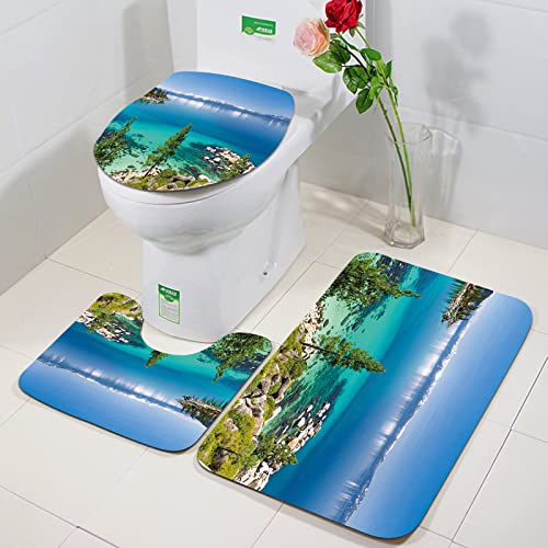 Alfombrilla de Baño Antideslizante Set 3 Piezas,Vista azul y tranquila del lago Tahoe Sierra Pines en rocas con costa turque,Antideslizantes Lavables Alfombras de para Inodoro, Tapa para Tapa Inodoro