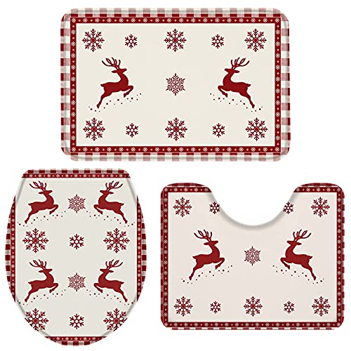 Pedestal Set Reno Alce Navidad Copo De Nieve Cuadros Rojos Cuadros Escoceses Alfombrilla De Ducha Antideslizante Alfombra De Baño para Dormitorio, Bañera, Ducha