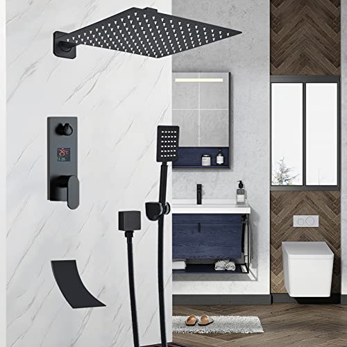 Conjunto de ducha negro columna de ducha empotrable tecnología avanzada de inyección de aire con cabezal de ducha cuadrado 20 cm ducha mezclador de bañera en cascada ‎Instalación en pared…
