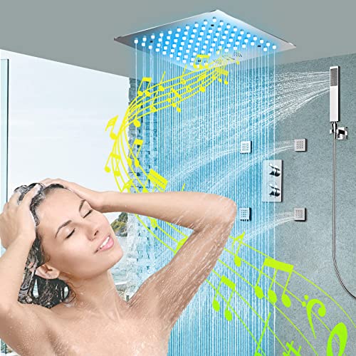Sistema de ducha termostático, sistema de ducha cuadrado de lujo, sistemas de ducha de lluvia de música LED de 12 pulgadas, soporte de techo con chorros de mano y cuerpo