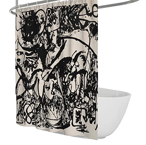 Cortina de Ducha en Blanco y Negro, Obra de Arte de Jackson Pollock, decoración de baño de poliéster con 12 Ganchos, Impermeable, Lavable, Inodoro W150xH180cm