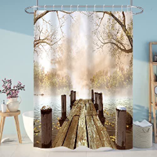 Cortinas de Ducha de Puente de Madera Vintage, Cortina de baño con Estampado de Hojas de otoño, mamparas de baño rústicas de poliéster, Cortina de baño de 120x203cm