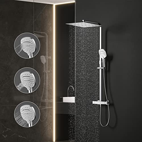 KOMIRO Sistema de ducha con termostato, columna de ducha, ducha de lluvia con alcachofa de mano, grifo de ducha de 30x30 cm, cabezal de ducha con manguera)