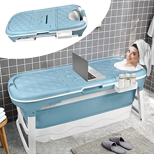 YRHome Bañera plegable para adultos XL, 128 x 60 x 53 cm, bañera plegable portátil de baño plegable plegable con tapa, almohada, rodillos de masaje para baños pequeños, ducha