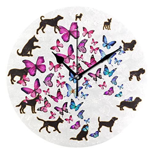 Divertido perro azul y rojo mariposa reloj de pared redondo hogar niños decoración de la habitación reloj de cuarzo atómico silencioso Png funciona con pilas 10 pulgadas tiempo decorativo para