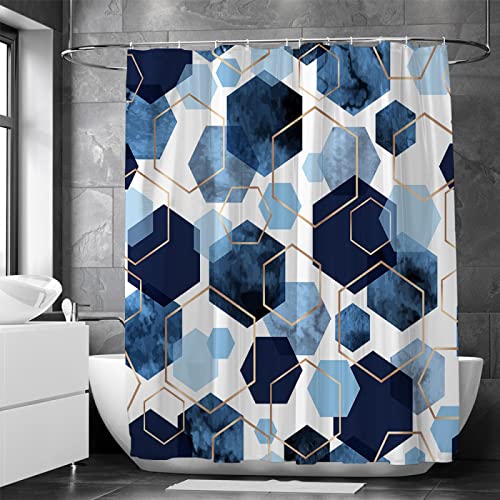 Cortinas de Ducha hexagonales geométricas Azules, Telas Impermeables, Cortina de baño con Ganchos, mampara de baño, baño Moderno, 100x180cm (39,37x70,87 Pulgadas)