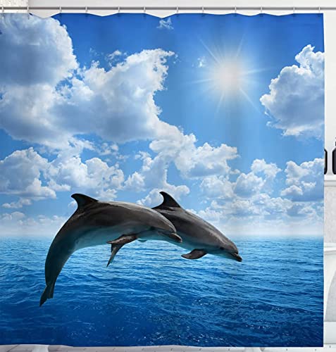 Cortina de ducha para parejas de delfines de salto azul mar y cielo nubes blancas sol brillante impermeable poliéster cortinas de ducha decoración del hogar baño 72 x 72 pulgadas