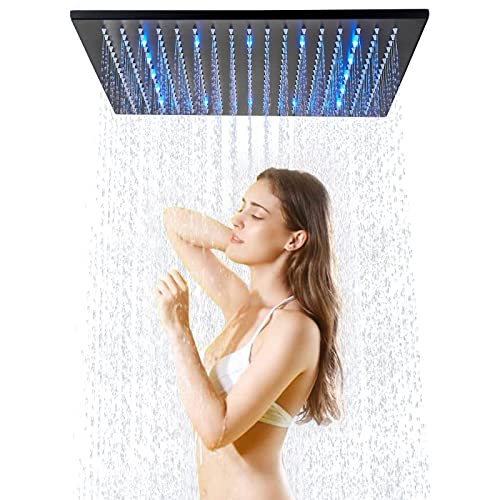 JunSheng Alcachofa de ducha LED de 16 pulgadas, cabezal de ducha cuadrado negro mate, boquillas de silicona fáciles de limpiar, grifo fijo para ducha