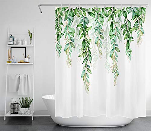 LB Cortinas de Baño Hoja Verde 150X180CM Planta Botánica Primavera Blanca Cortina de Ducha con Ganchos,Impermeable Antimoho Poliéster Cortina de Baño