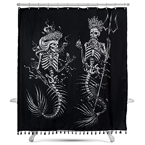 Decoración de esqueleto gótico para Halloween, cortina de ducha de sirena en blanco y negro, decoración de baño con borlas de sirena del mar muerto, cubierta de baño impermeable, ojales de metal a