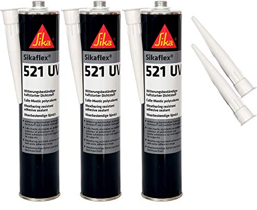 Sikaflex-521 Sellador adhesivo resistente a los rayos UV, 300 ml, color blanco, 3 unidades con 5 puntas de boquilla