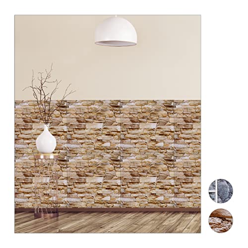 Paneles de pared autoadhesivos Relaxdays, piedra de imitación 3D, revestimiento decorativo, PVC, 50 x 50 cm, marrón, 55 x 50 cm, paquete de 10