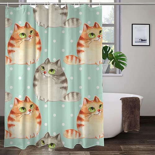 Cortina de ducha impermeable con diseño de gatito gordo con 12 ganchos, tamaño más largo 152 x 200 cm