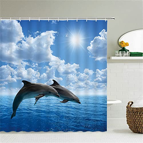 Cortina de Ducha,Pareja de Delfines Animales Antimoho Cortina Baño,12 Ganchos Cortinas,Impermeable Cortinas de Baño Camper,Impresión Digital en 3D Cortina de Duche Accesorios Baño,260x200cm