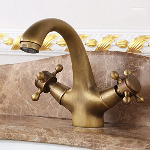 HEIMP Grifo de lavabo vintage Cuarto de baño Antiguo Mezclador de manija cruzada doble Grifo de lavabo de baño, Grifo de lavabo de latón Cuarto de baño, Grifo mezclador de lavabo for agua fría y calie