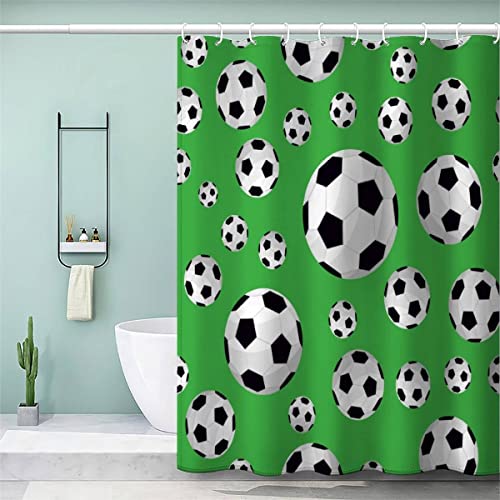 VIROGE Cortina de ducha de poliéster con impresión 3D de fútbol, impermeable, para el baño, diseño deportivo, a prueba de moho, color verde, cortina de ducha moderna, 90 x 180 cm, con 12 ganchos