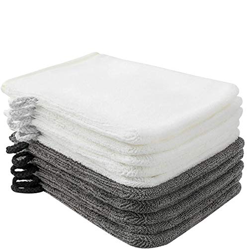 PHOGARY Paquete de 10 Piezas de Manoplas de baño Guantes para lavarse tamaño 15x21 cm Colgador de cordón algodón Premium de Color Gris Antracita y Blanco