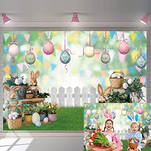 Pascua telón de fondo primavera jardín colorido huevos conejito verde césped valla bokeh fondo niños fotografía bebé ducha fiesta cumpleaños decoración foto stand accesorios (7X5FT)