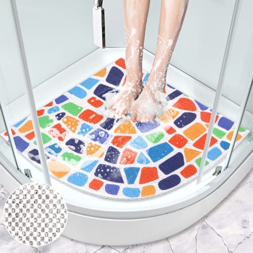 Alfombrilla de ducha de esquina antideslizante 60x60 cm, alfombrilla de ducha de Lufa con piedras de colores para ducha de esquina, PVC alfombra de baño curvada de textura suave con drenaje, (CHQ-11)