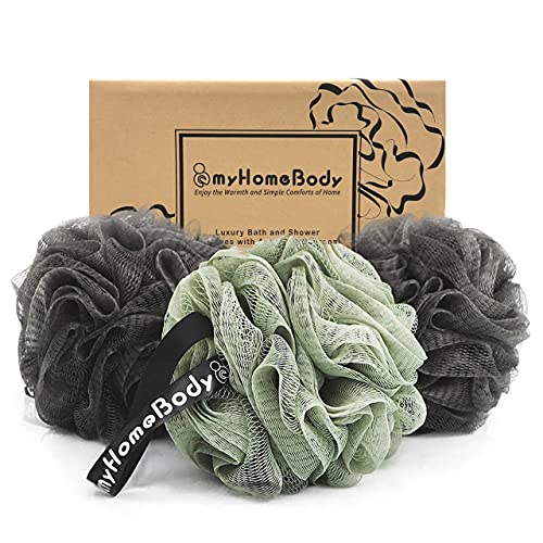 myHomeBody Esponja de lufa grande de 70g, exfoliante corporal, esponja de baño |Esponja Exfoliante - Puf de Ducha con Carbón Activado -2 Graphite Gray + 1 Sage Green, Paquete de 3