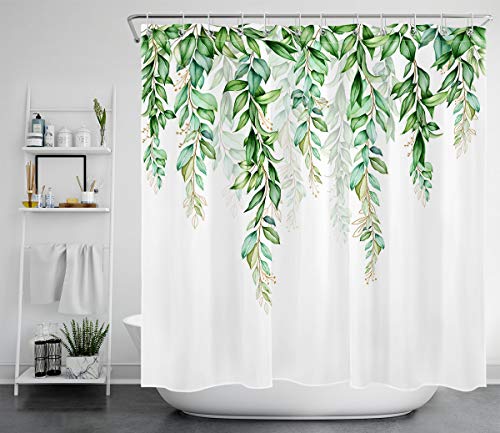 LB Cortinas de Baño Hoja Verde 180X200CM Planta Botánica Primavera Blanca Cortina de Ducha con Ganchos,Extra Largo Impermeable Antimoho Poliéster Decoración de Baño