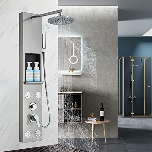 Llffssdg Panel de ducha, columna de ducha de hidromasaje para baño, sistema de ducha de pared de acero de 3 funciones, acero inoxidable 304 con estante
