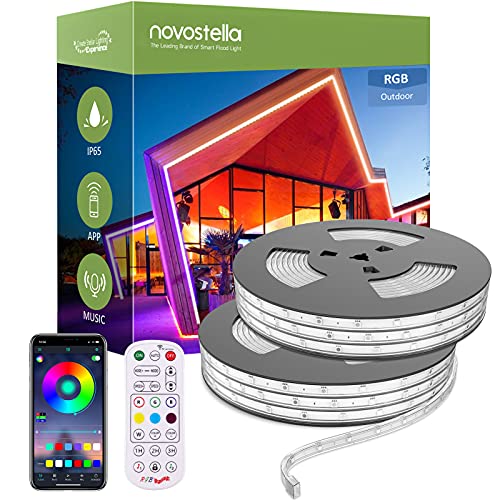 NOVOSTELLA Tiras Led de Exterior RGB 32 Metros (16Mx2), Tira de Luz Inteligente Multicolor Regulable Control de APP y RF Remoto Control, IP65 Impermeable para Interior, Habitación, Fiestas, Alero