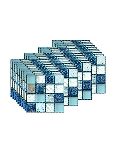 FBBULES 40 Piezas Pegatinas de Baldosas Calor Impermeable Papel Vinilo Adhesivo Pegatinas de Pared Decorativos para Sala Cocina Mosaico Azul (10 x 10 cm / 4 x 4 Pulgadas)