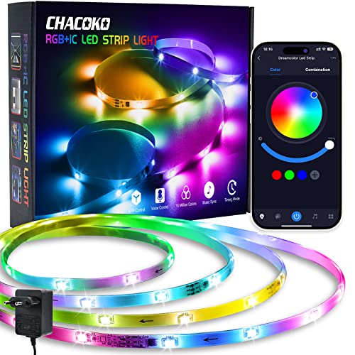 CHACOKO Tira LED RGB con IC 5M con Efecto Arco Iris Impermeable IP65, 120 LED Luces LED Bluetooth con 380 Efectos de Luz, con APP, Mando a Distancia, Modo Música, para Uso en Interiores y Exteriores