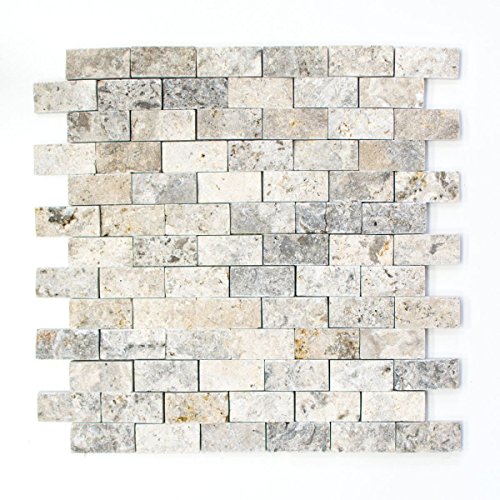 Mosaico de azulejos travertino de piedra natural, color blanco y gris, ladrillos divididos en plata travertino 3D para pared, baño, ducha, cocina, espejo, revestimiento de bañera, placa de mosaico