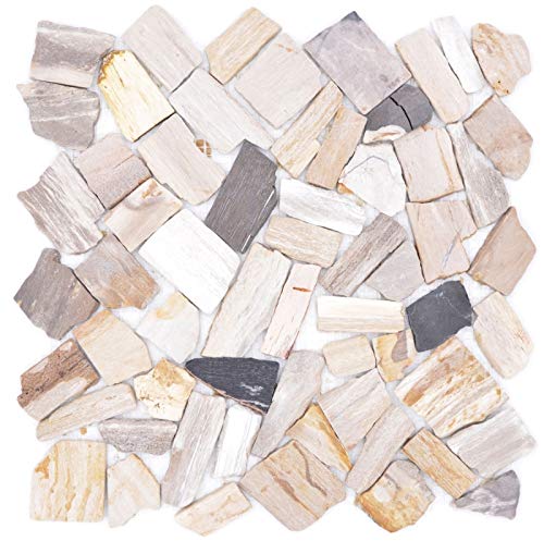 Fossiles MOS44-Fossil_f - Mosaico poligonal de piedra natural, efecto madera, plato de ducha, cocina, pared