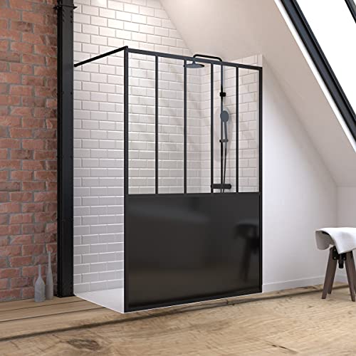 Pack de pared de ducha de 140 x 200 cm, color negro mate + plato de ducha de 90 x 140 cm