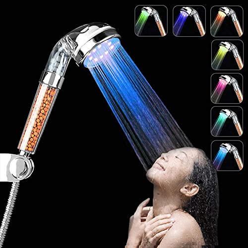 InGoo Alcachofa de ducha con luz LED de 7 colores cambiantes, para agua a presión, con iones negativos, filtro doble para cloro y vaporizar, ahorro de agua, plástico abs, 220 x 60 mm