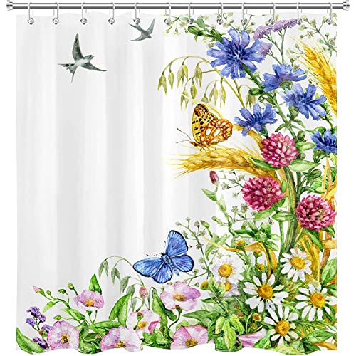 Cortina De Ducha Floral De Primavera Flor Colorida con Hojas Verdes Acuarela Planta Botánica Azul Mariposa Y Pájaro Pareja Cortinas De Baño Set 180X180cm