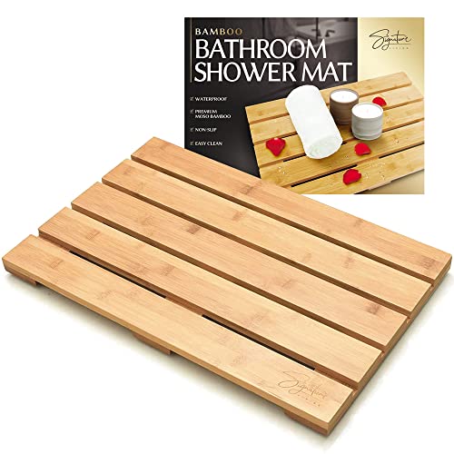 Signature Living Alfombrilla de baño de bambú para baño, ducha al aire libre, sauna, spa, alfombrilla de ducha de madera antideslizante