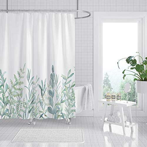 M&W DAS DESIGN Cortina de ducha con diseño de plantas verdes, hojas de baño, cortina textil con efecto antimoho, lavable, incluye 12 anillos en C con peso inferior de 200 x 220 cm (ancho x alto)