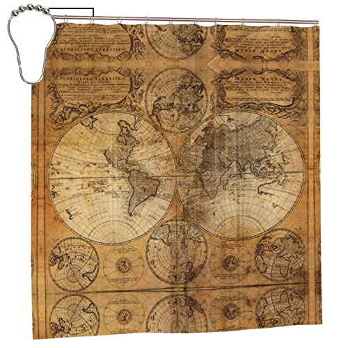 Evealyn Cortina de ducha de baño con diseño de mapa del viejo mundo, con 12 ganchos, juego de cortinas de ducha de baño de granja, 72 x 72 pulgadas