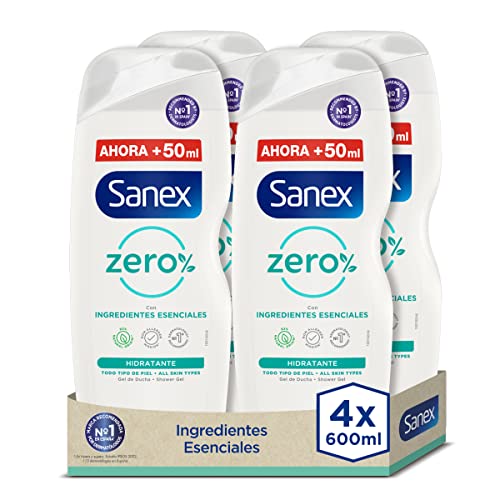 Sanex Zero% Piel Normal, Gel de Ducha o Baño, Hidratante, Pack 4 Uds x 600ml
