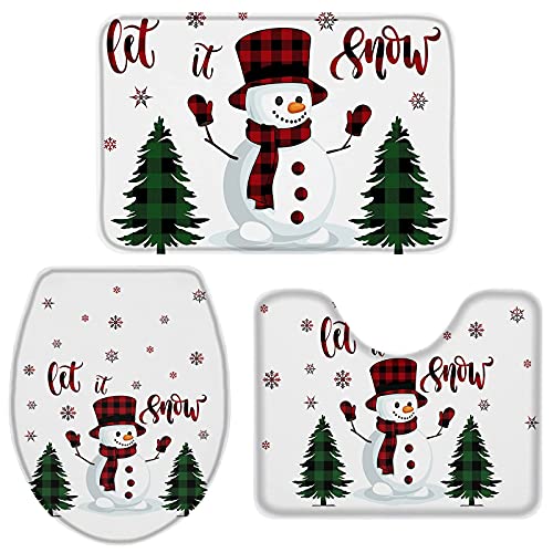 Pedestal Set Feliz Navidad Muñeco De Nieve Árbol Copo De Nieve Cuadros Rojos A Cuadros Alfombrilla De Ducha Suave Alfombras De Baño para Casa, Dormitorio, Ducha