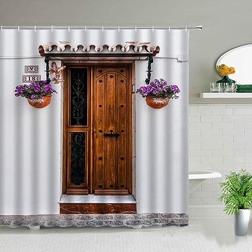 AiManFen Cortina De Ducha Moderna Puerta De Madera Rústica Imprimir Cortina De Ducha Mampara De Baño Tela Impermeable Bañera Decoración Cortinas Colgantes con Gancho Lavable 180X180Cm