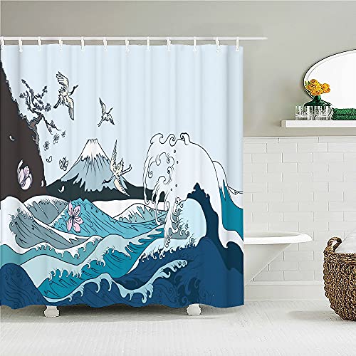 Cortina de Ducha de Tela Impermeable Cortina de baño de Onda Impresa Poliéster Decoración para el hogar Mampara de baño con Gancho S.7 180x200cm