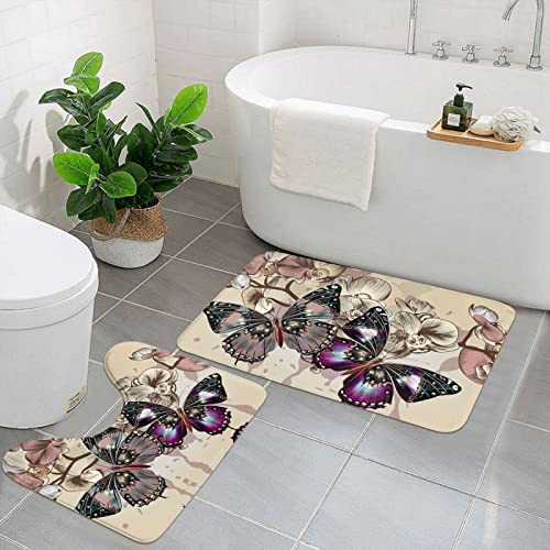 Evealyn 2 piezas de alfombras de baño con estampado floral de mariposas antideslizantes y rectangulares + alfombrilla de inodoro en forma de U para baño, bañera y ducha