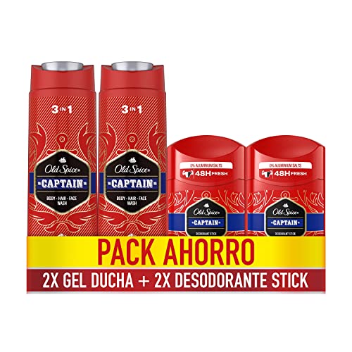 Pack Ahorro Old Spice Captain Gel De Baño Y Champú Para Hombres, Jabón 3 En 1, 2x400ml + Desodorante En Barra Para Hombres, 2x50ml