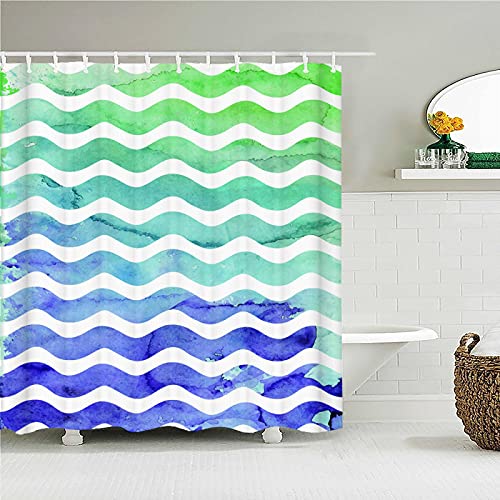 WILLMEIH cortina ducha Azul verde ondas líneas 95