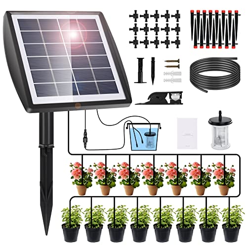 Kit de Riego por Goteo Automático Energía Solar, Riego Solar Sistema Automático con Temporizador y Ajustable Boquilla Aspersor Pulverizador para Plantas en Patio Balcón Casa Verde Macetas (A)