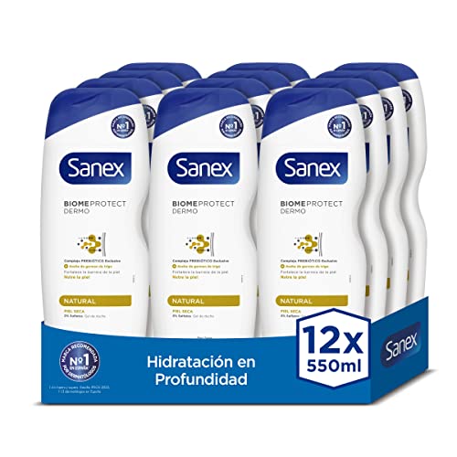 Sanex Biomeprotect Dermo Dermo Natural, Gel de Ducha o Baño, Piel Seca, con Prebiótico, Combate las Bacterias, Pack 12 Uds x 550ml
