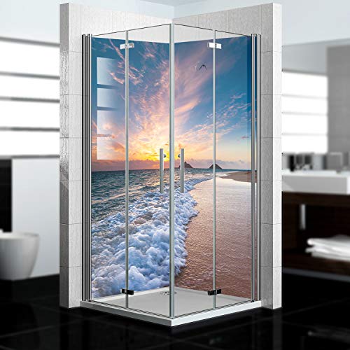 Dedeco - Panel de ducha de esquina de aluminio con diseño: playa V5, 2x 90x200 cm, perfecto como pared posterior de baño para reemplazo de azulejos, apto para muchos baños